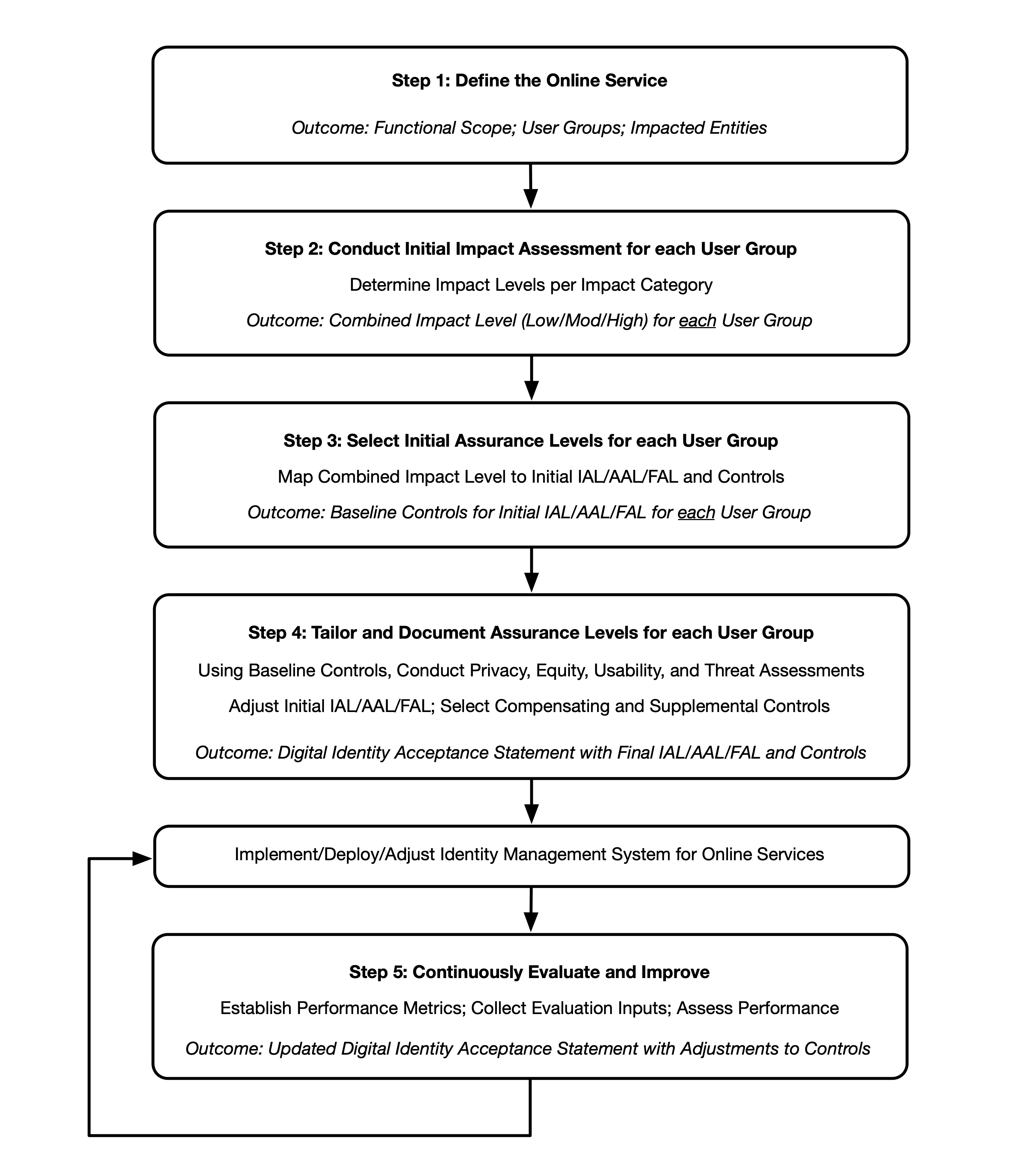 High-level diagram of the Digital Identity Risk Management Process Flow showing the five steps along with major activities and outcomes for each step