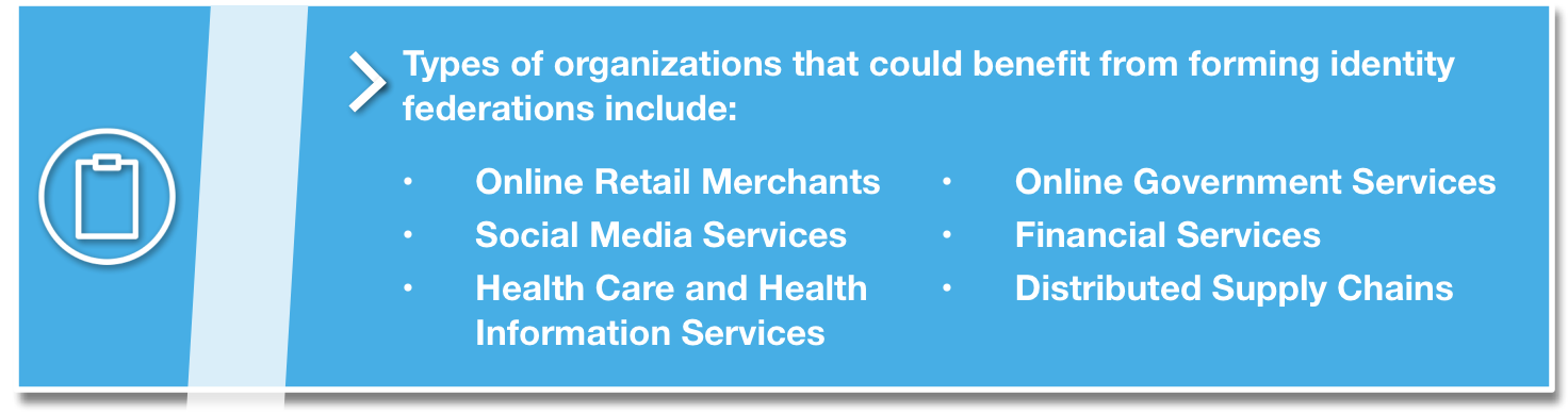 Types of organizations that could benefit from forming identity federations.