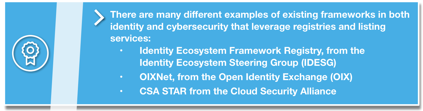 There are many different examples of existing frameworks in both identity and cybersecurity that leverage registries and listing services. 