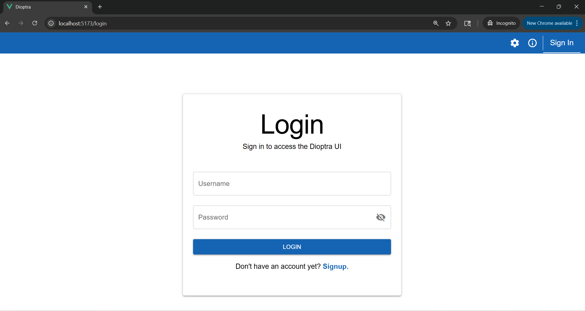 Screenshot of the Dioptra login page with sign-in and sign-up options.