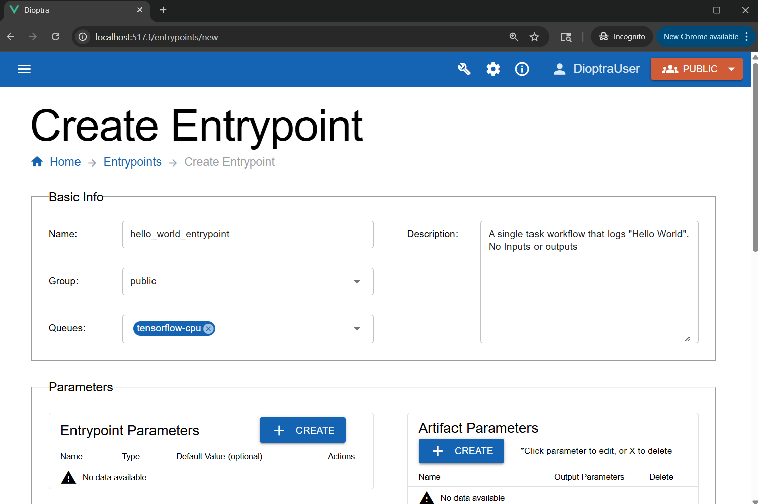 Screenshot of entrypoint creation metadata