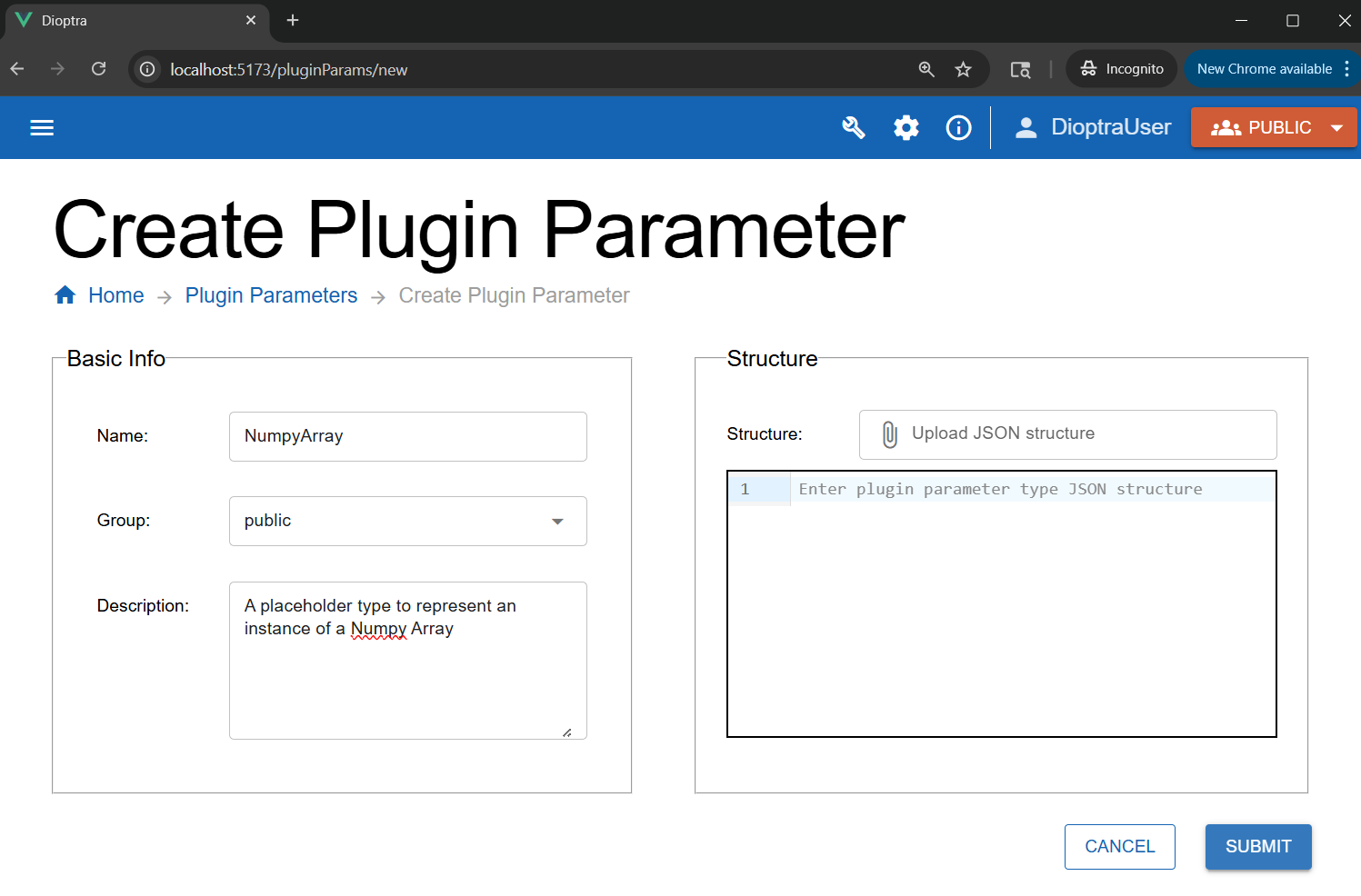 Screenshot of creating a new type called NumpyArray.