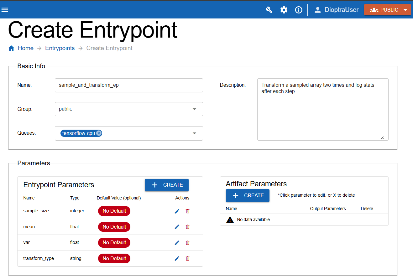 Screenshot of the sample_and_transform_ep parameters window.