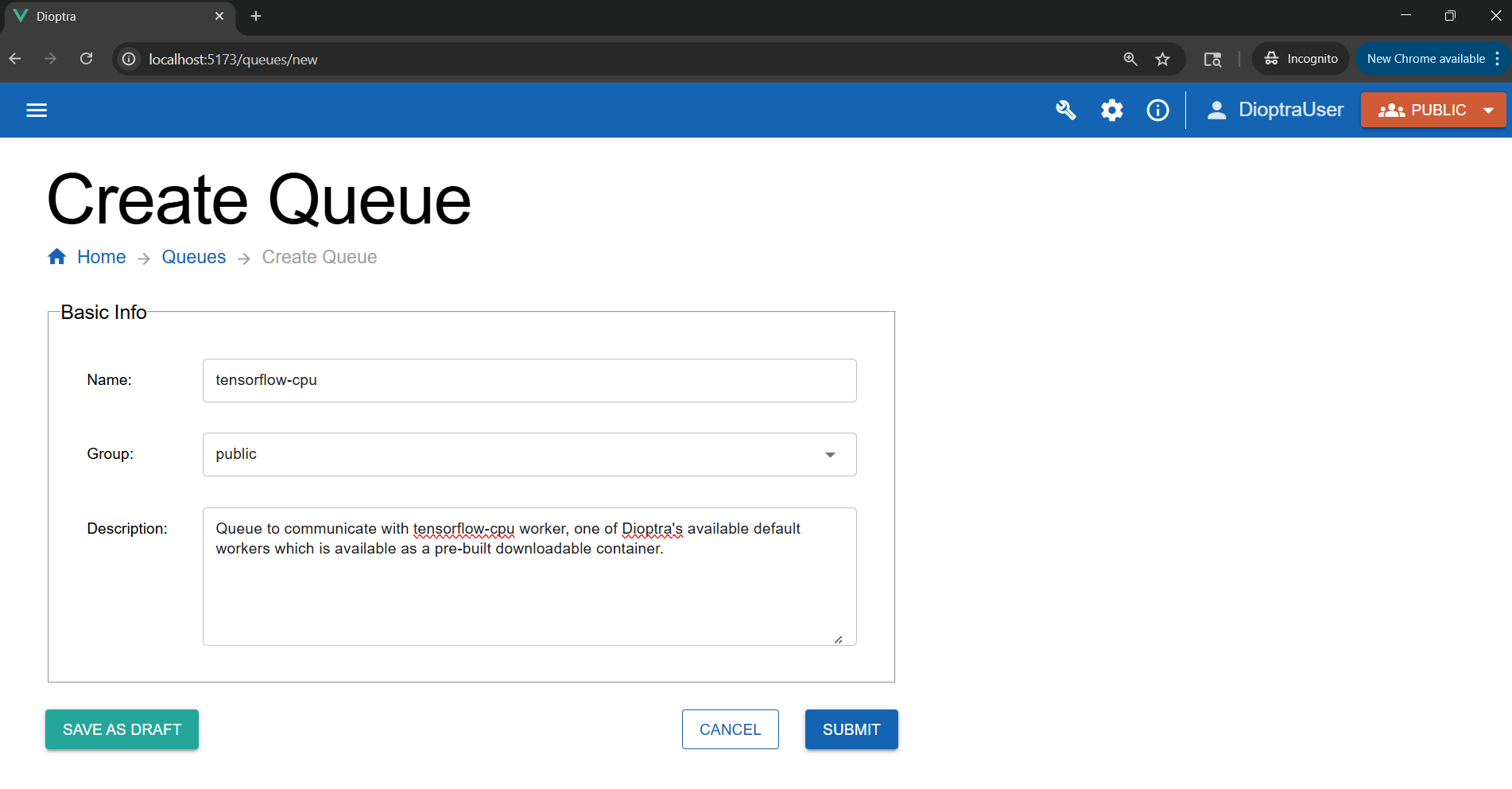 Screenshot of the queue creation form with "tensorflow_cpu" entered as the name.