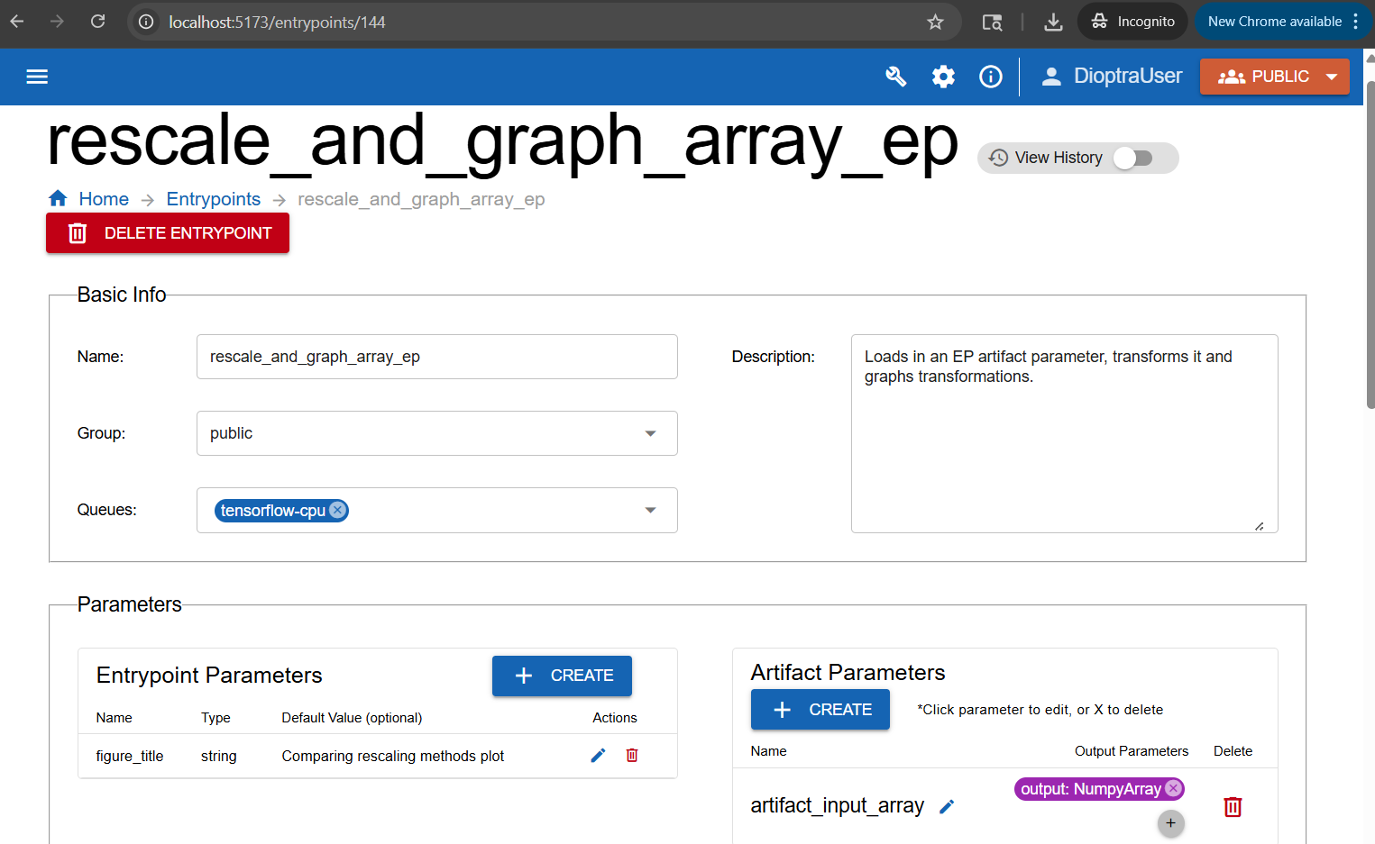 Screenshot showing artifact parameter input in Entrypoint rescale_and_graph_array_ep.