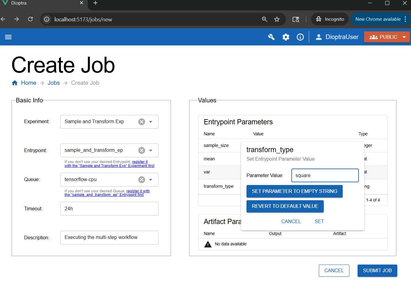 Creating a job that uses entrypoint 3 with specific parameters.