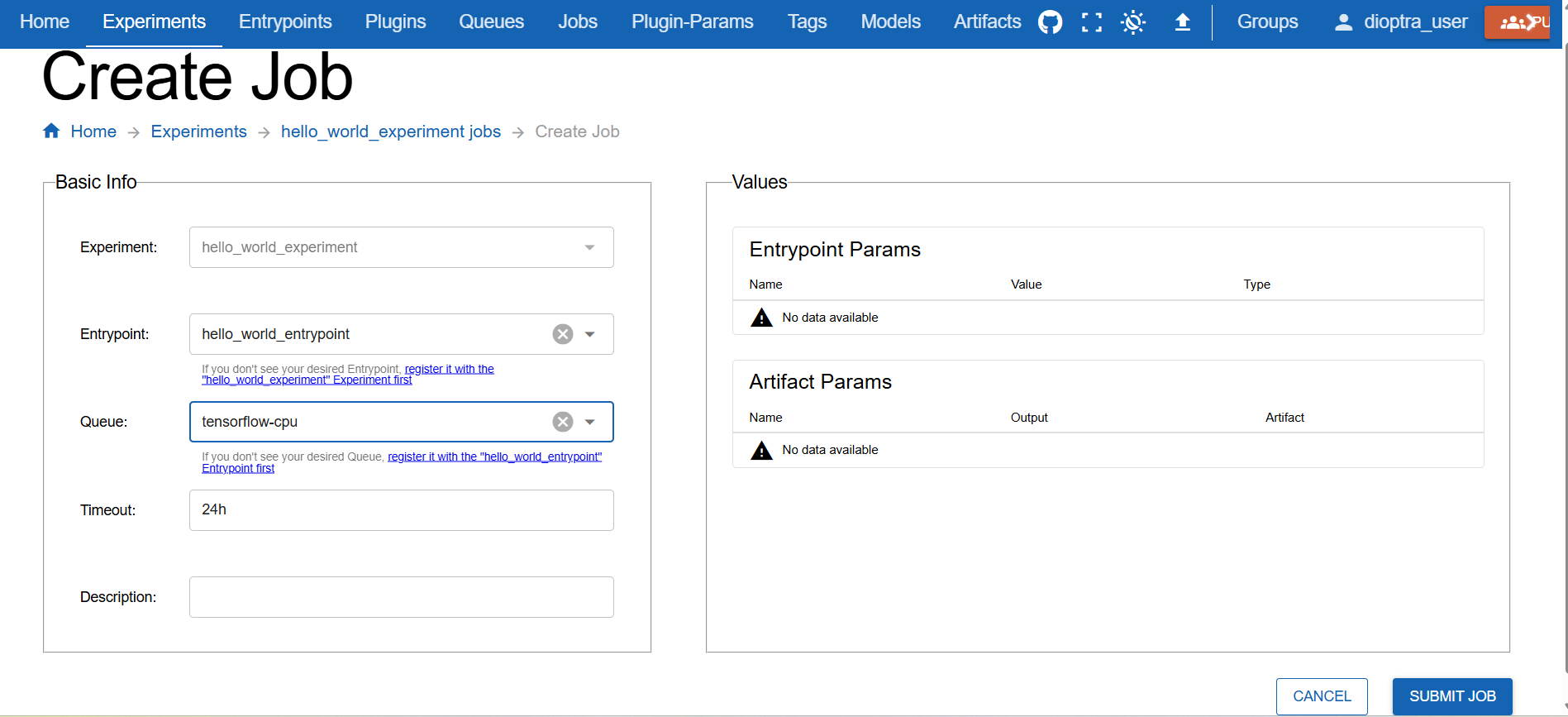 Screenshot of the Job submission modal.