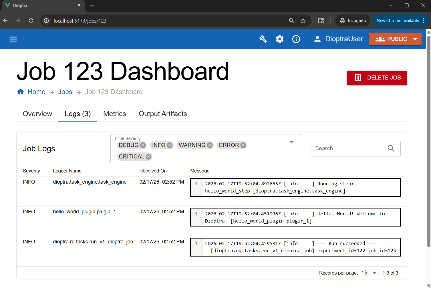 Screenshot of the Job Logs tab showing the Hello World message.