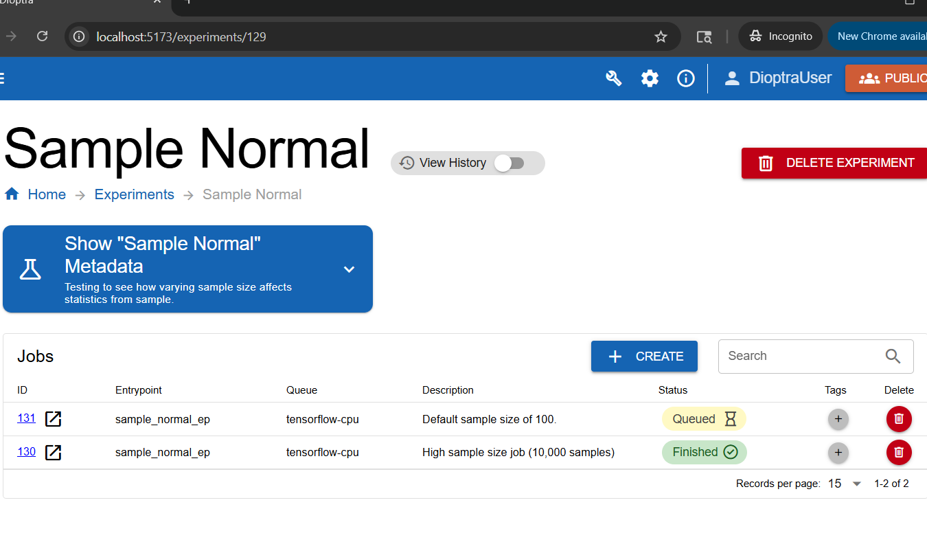Screenshot showing multiple jobs created with different sample sizes.