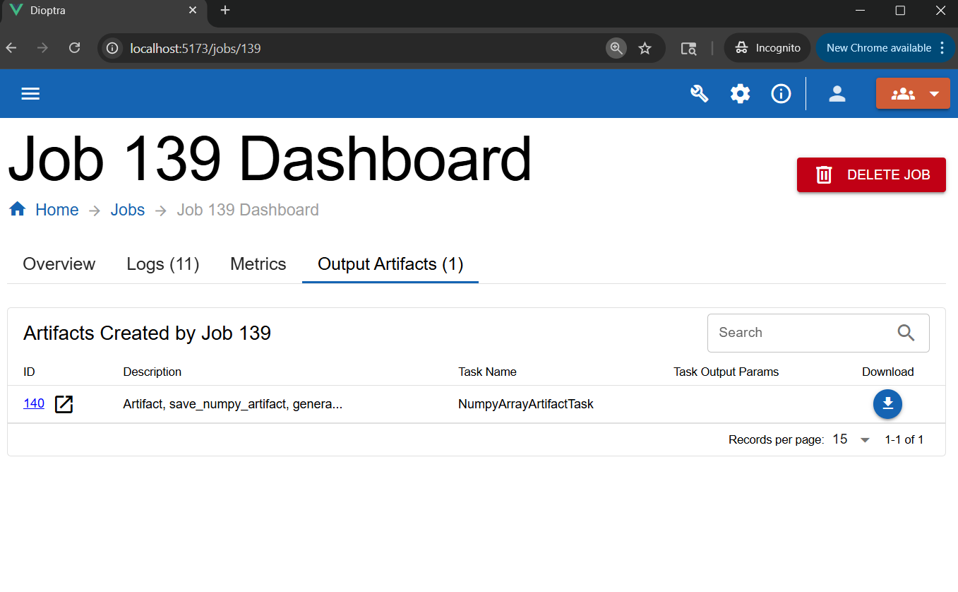 Screenshot of a job producing an artifact.