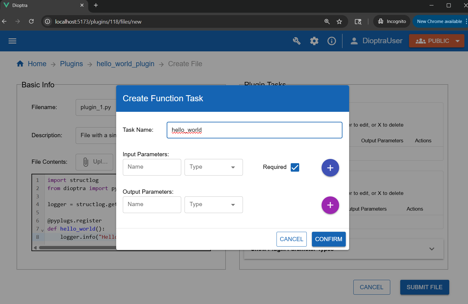 Screenshot of the task registration