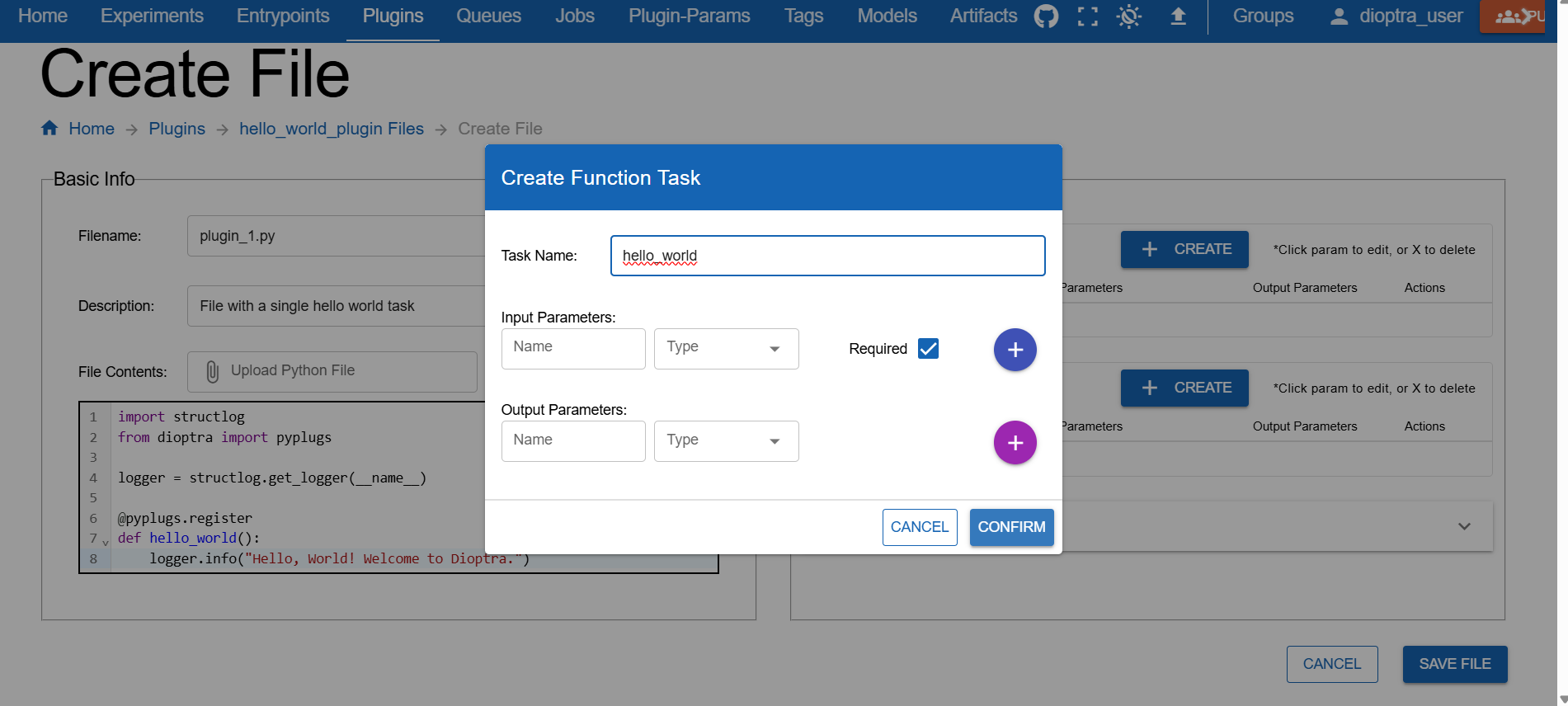 Dioptra login screen