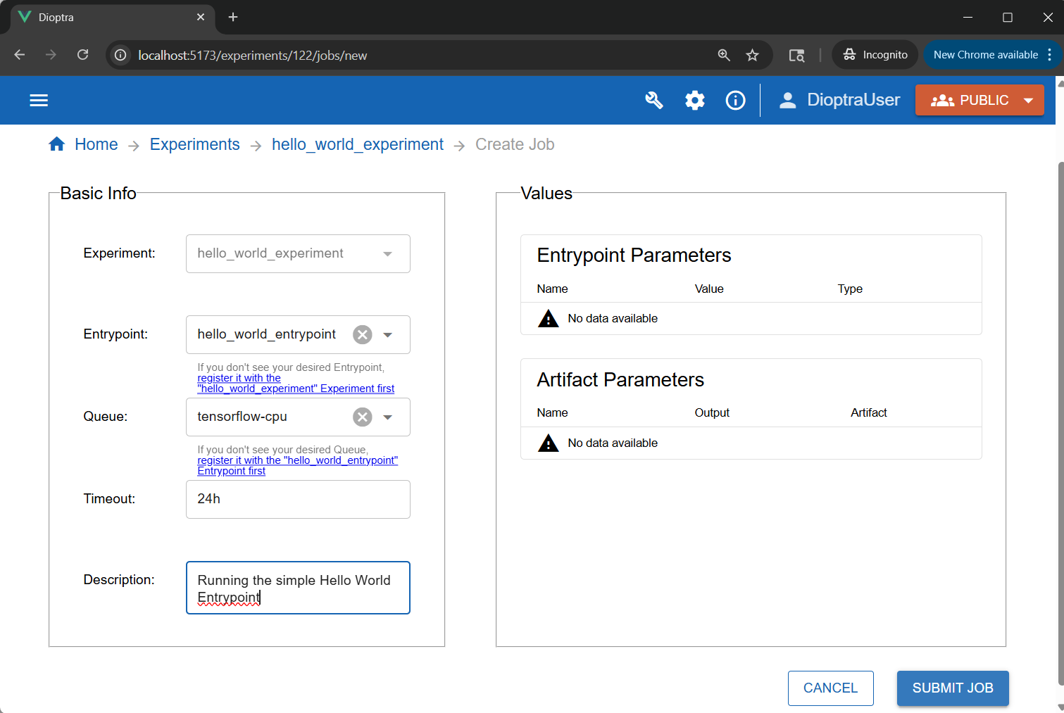Screenshot of the Job submission modal.