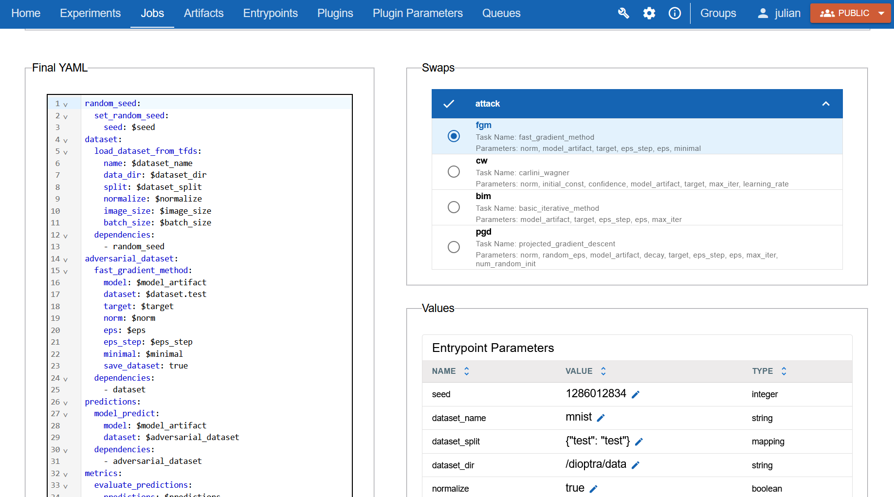 Screenshot of the Swaps section on the job creation page with a task alias selected.
