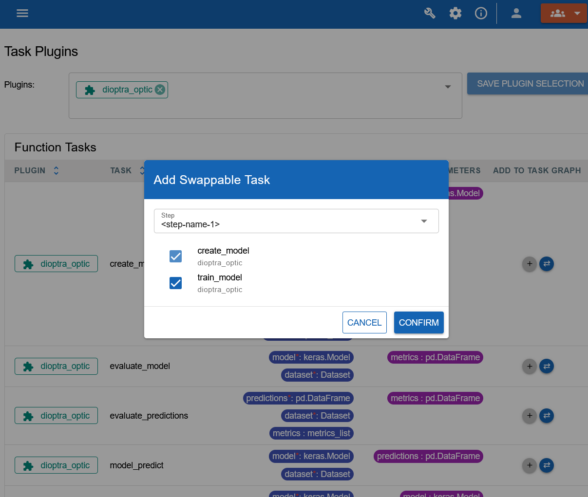 Screenshot of the swappable task selection dialog
