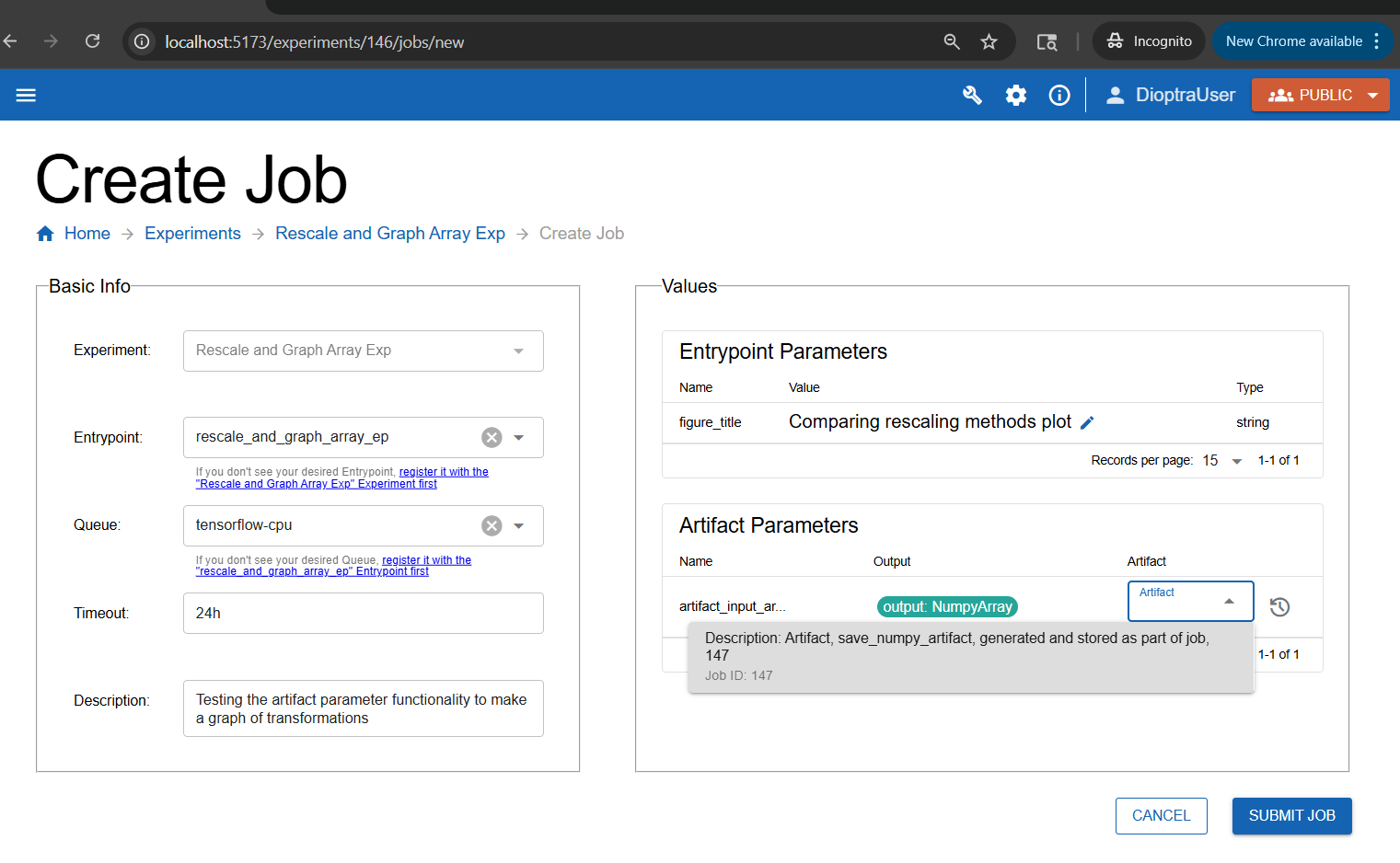 Screenshot of job configuration showing artifact input parameter selection.