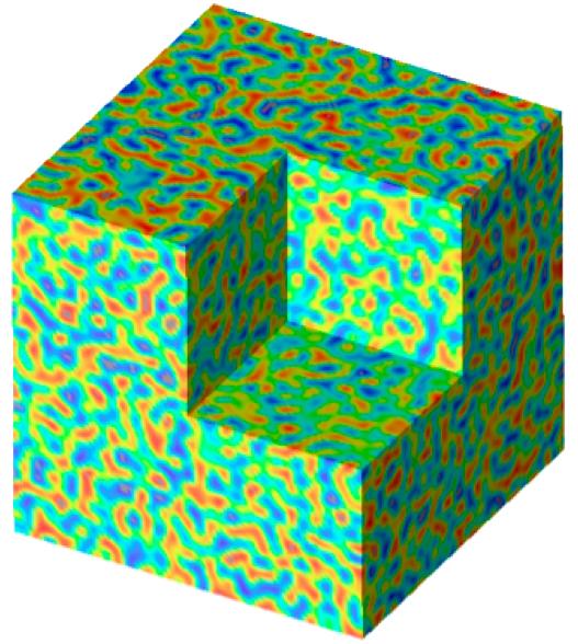 snapshot of Cahn-Hilliard phase separation in 3D with cutaway
