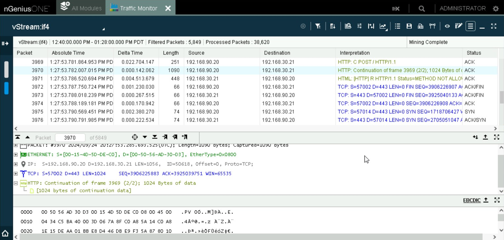 A screenshot of NetScout's packet capture interface showing decrypted POST requests and the frame count.