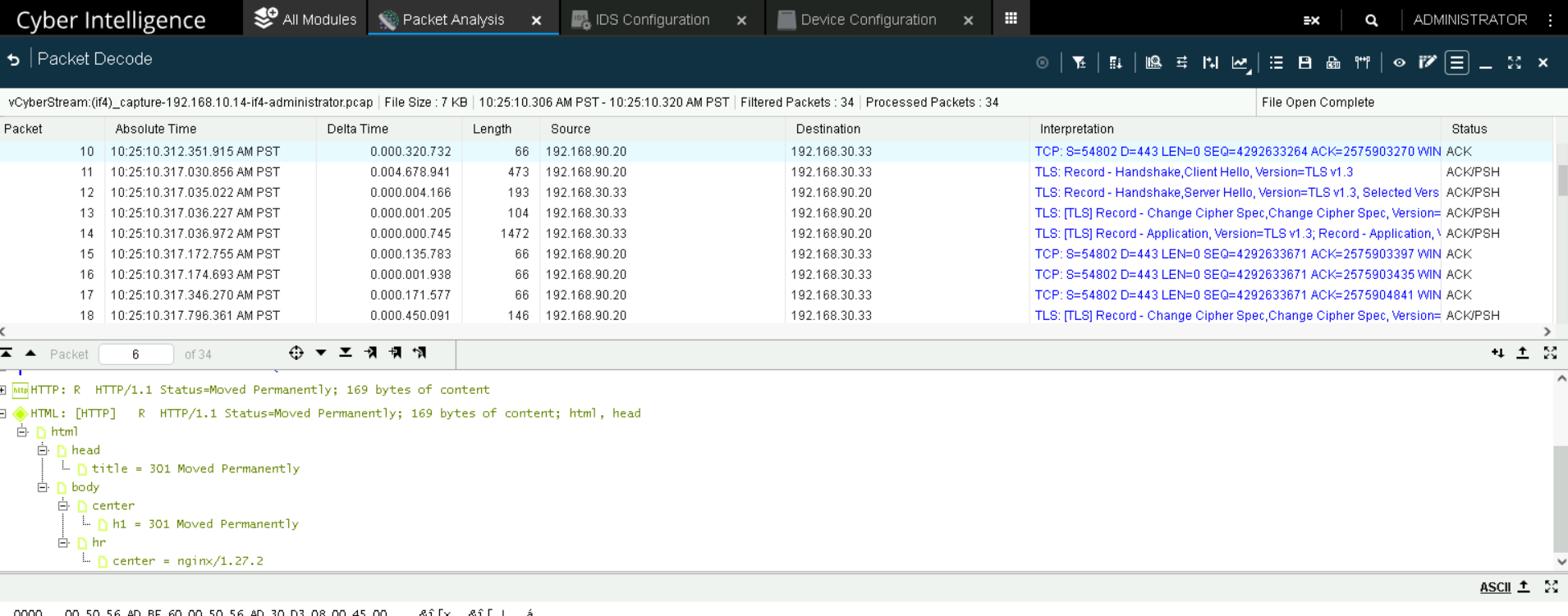 A screenshot of NetScout's packet capture interface showing that the traffic is still decrypted.