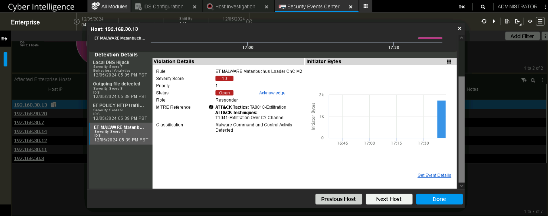 A screenshot of NetScout's OCI interface showing that traffic which resembles a known Command and Control attack is detected as potentially malicious.