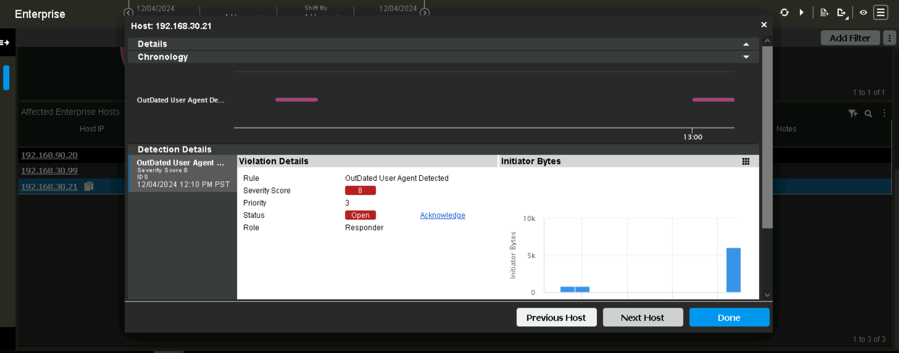 A screenshot of NetScout's OCI interface showing that traffic indicative of an outdated browser is detected as a potential vulnerability.