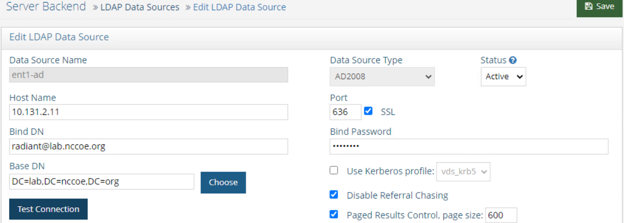 This is a screenshot showing LDAP data source information created for Enterprise 1 AD.