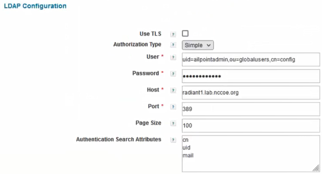 This screenshot shows the LDAP configuration for integration with Radiant Logic.