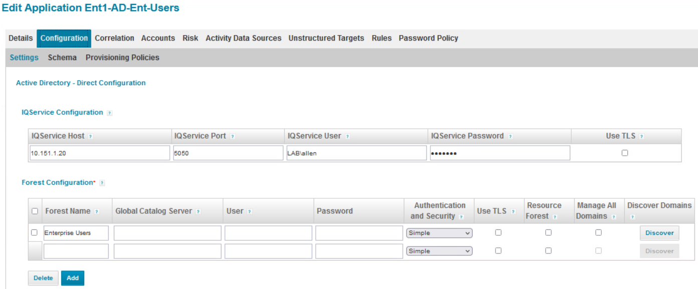 This screenshot shows the configuration for the IQ Service host.