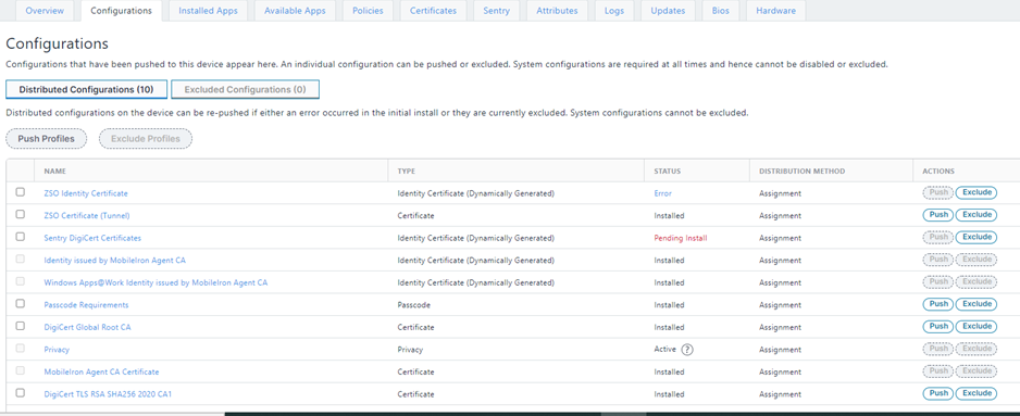 This screenshot shows a list of configurations pushed to a device.